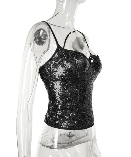 Dazzling Black Sequin Sweetheart Cami Top - Your Ultimate Holiday Party & NYE Sparkle
