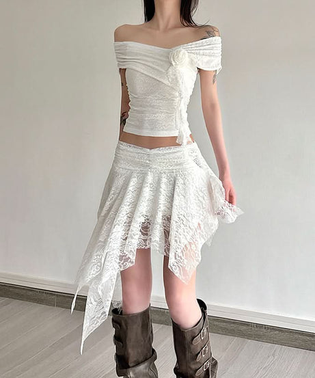 Enchanted Autumn Dream: Fairycore Lace Off-Shoulder Top & Asymmetrical Skirt Set