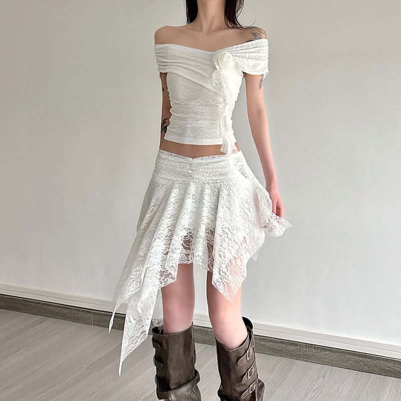 Enchanted Autumn Dream: Fairycore Lace Off-Shoulder Top & Asymmetrical Skirt Set
