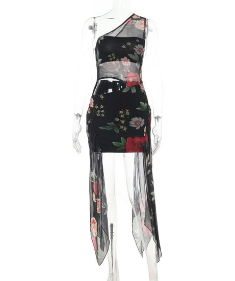Sultry Bloom One-Shoulder Mesh Mini Dress - Floral Cutout & Sheer Train for Fall Nights