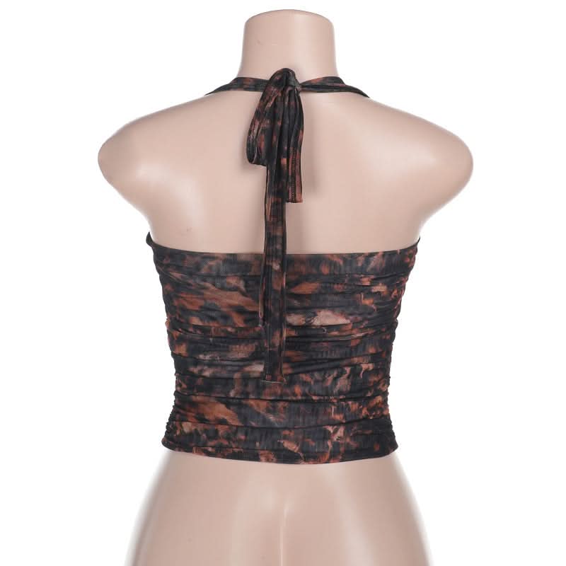 Trendy Ruched Abstract Mesh Halter Crop Top - Fall Ready Style