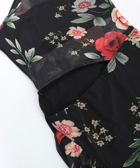 Sultry Bloom One-Shoulder Mesh Mini Dress - Floral Cutout & Sheer Train for Fall Nights