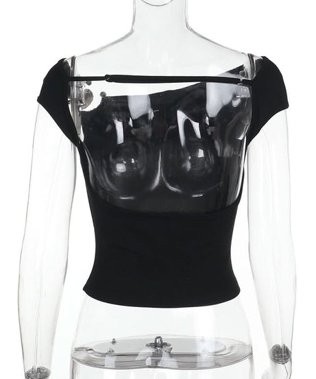 Chic Fall Edge: Asymmetric O-Ring Black Crop Top - Trendy One-Shoulder Statement for Women