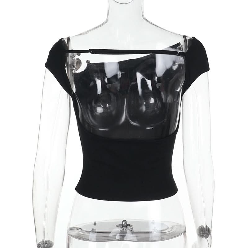 Chic Fall Edge: Asymmetric O-Ring Black Crop Top - Trendy One-Shoulder Statement for Women
