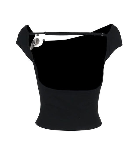 Chic Fall Edge: Asymmetric O-Ring Black Crop Top - Trendy One-Shoulder Statement for Women