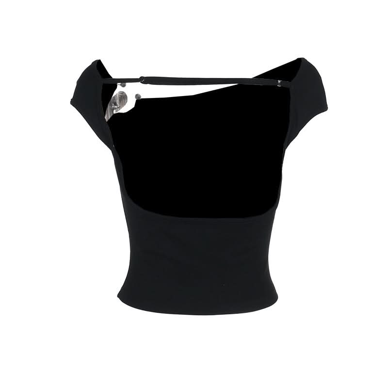 Chic Fall Edge: Asymmetric O-Ring Black Crop Top - Trendy One-Shoulder Statement for Women