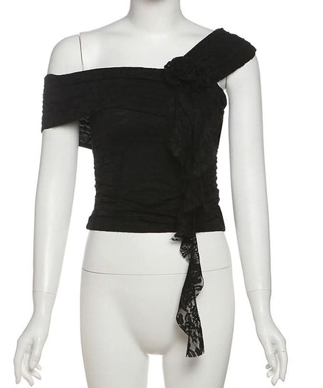 Enchanted Autumn Dream: Fairycore Lace Off-Shoulder Top & Asymmetrical Skirt Set