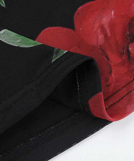 Sultry Bloom One-Shoulder Mesh Mini Dress - Floral Cutout & Sheer Train for Fall Nights