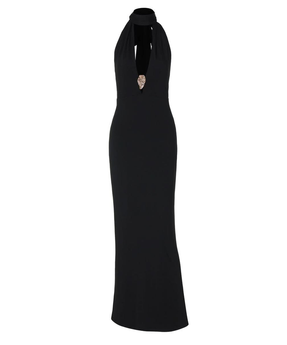 Elegant Black Halter Maxi Gown: Embellished V-Neck, Backless Design for Fall & Holiday Galas