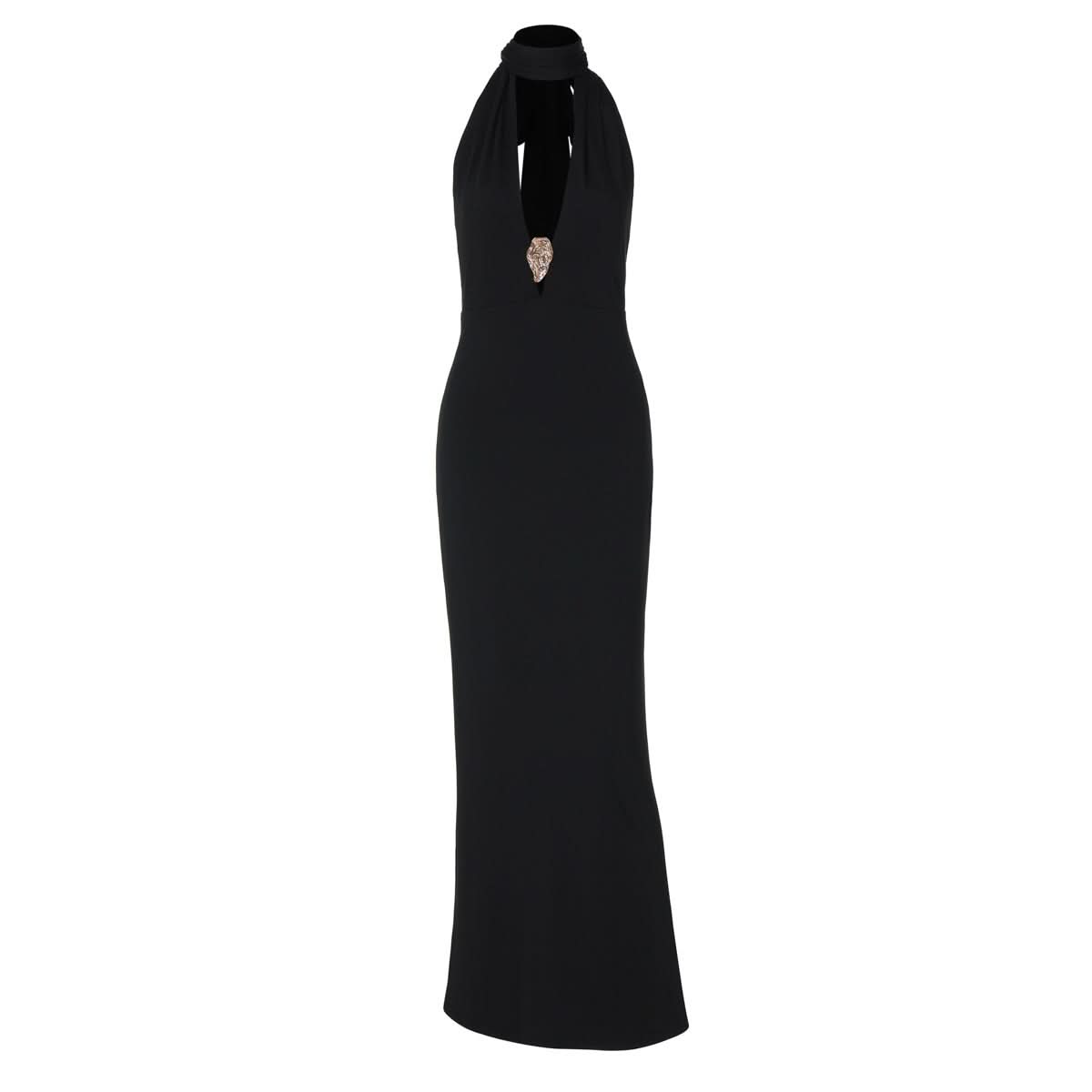 Elegant Black Halter Maxi Gown: Embellished V-Neck, Backless Design for Fall & Holiday Galas