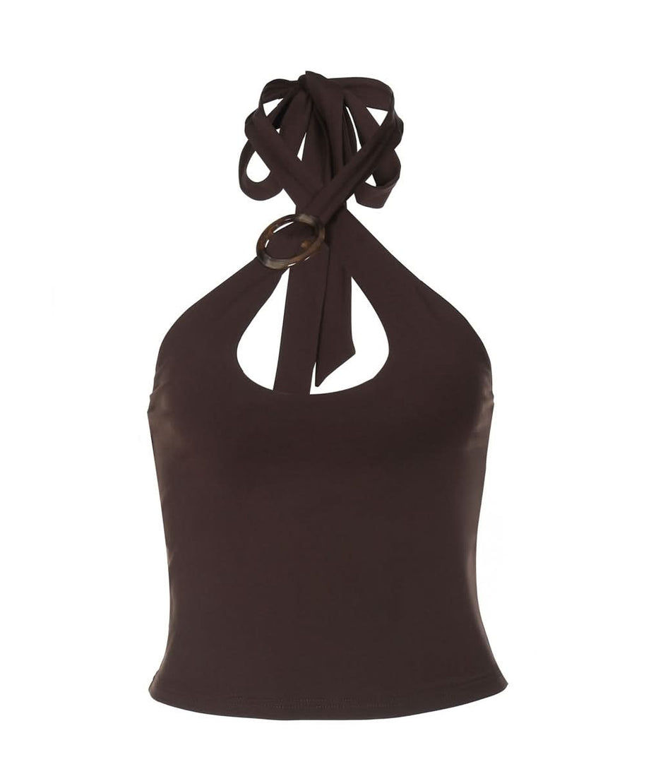 Chic Chocolate Halter Tie-Neck Top with Keyhole & Ring Detail – Fall Nights Out