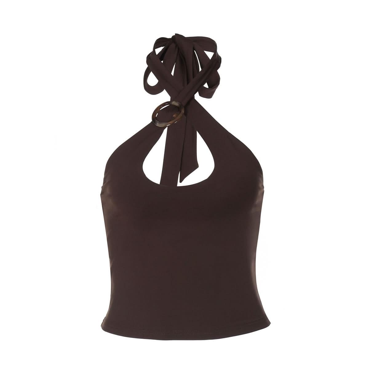 Chic Chocolate Halter Tie-Neck Top with Keyhole & Ring Detail – Fall Nights Out