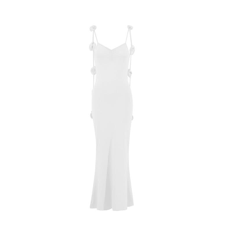 Chic Winter White Ruched Maxi Dress with Romantic Side Bow Ties - Your Go-To for Holiday Events & Special Occasions