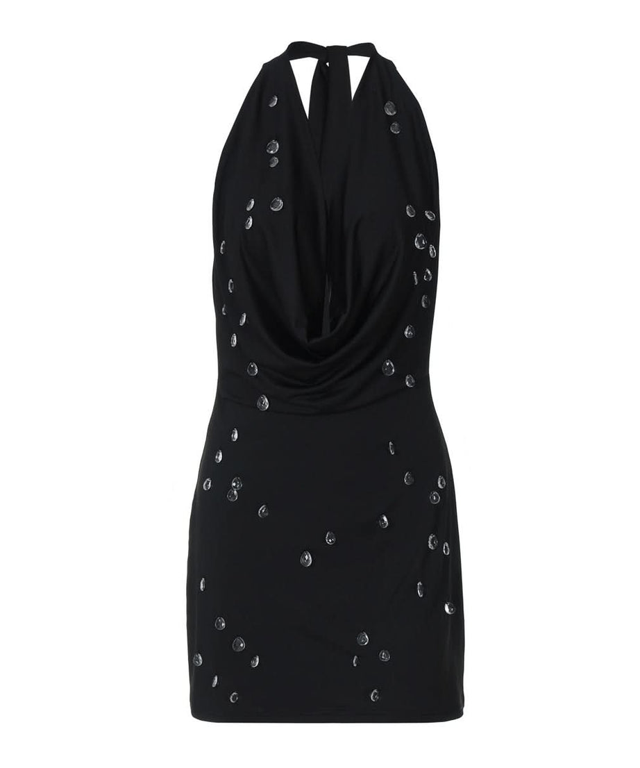 Dazzling Black Halter Cowl Neck Mini Dress | Rhinestone Sparkle for Holiday Parties & NYE