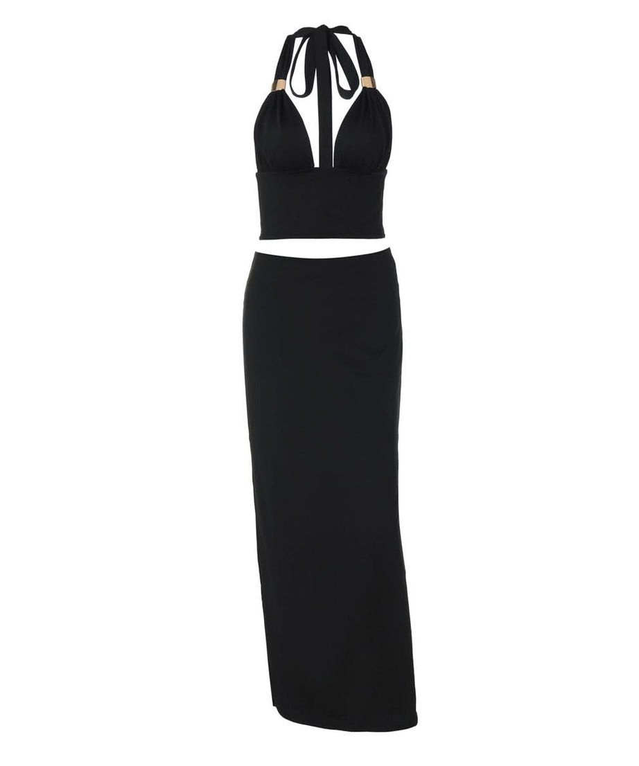 Slinky Black Halter Plunge Crop Top & Maxi Skirt Set - Fall & Holiday Ready