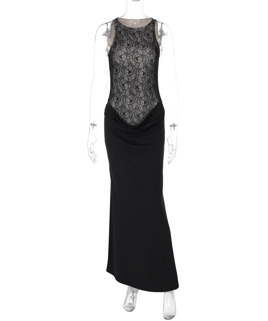 Sophisticated Black Lace Illusion Maxi Dress - Your Go-To for Fall & Holiday Galas