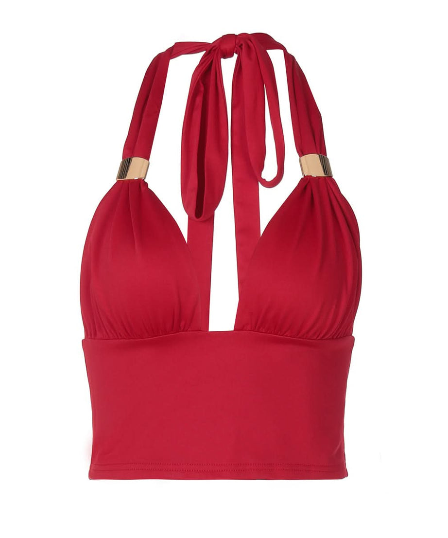 Chic Black Halter Crop Top | Ruched V-Neck with Gold Ring Detail for Fall Nights & Holiday Glam