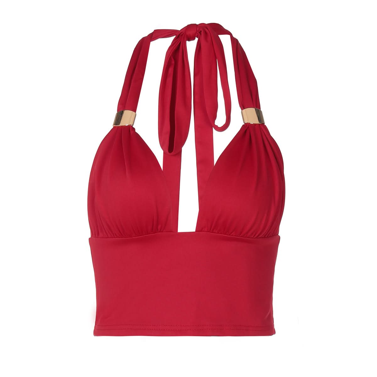 Chic Black Halter Crop Top | Ruched V-Neck with Gold Ring Detail for Fall Nights & Holiday Glam