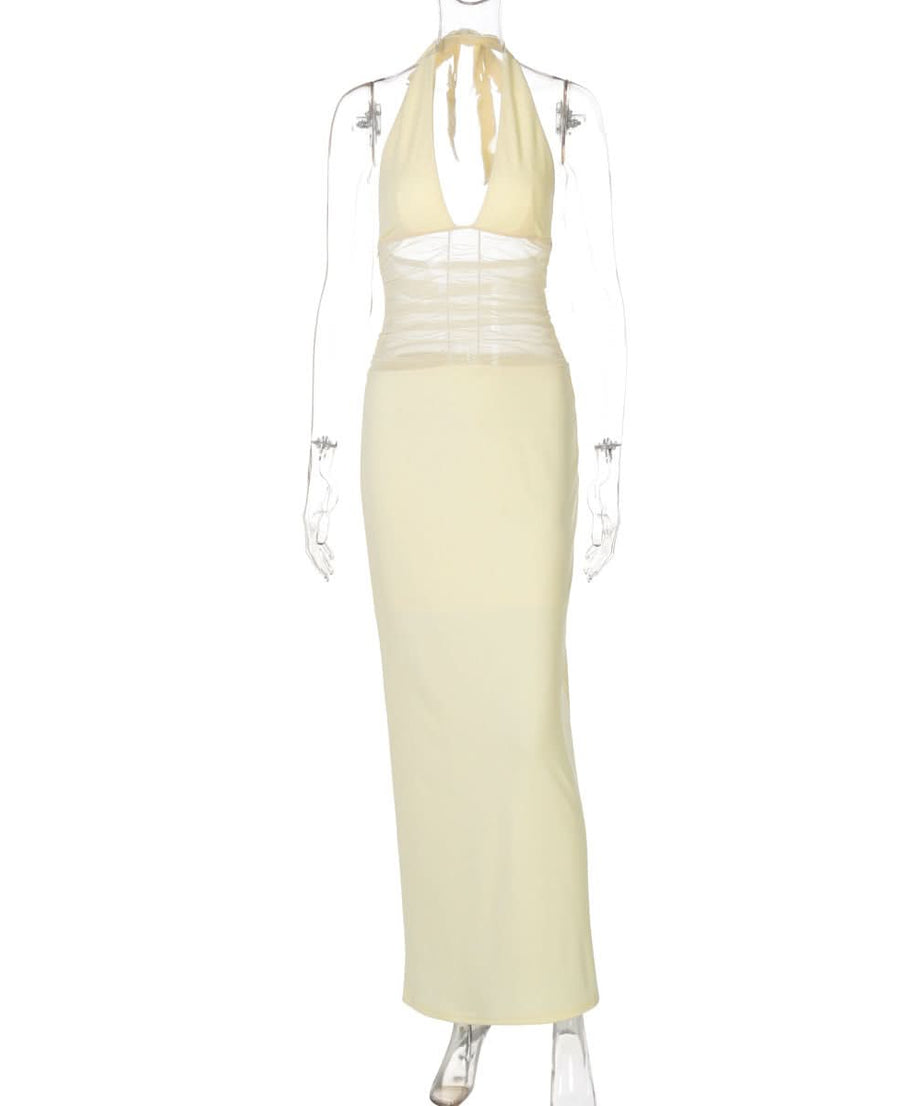 Effortless Elegance: Butter Yellow Halter Maxi Dress with Ruched Mesh - Perfect for Fall Events & Resort Getaways