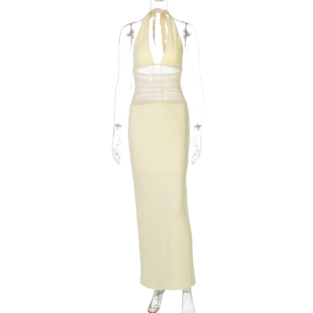 Effortless Elegance: Butter Yellow Halter Maxi Dress with Ruched Mesh - Perfect for Fall Events & Resort Getaways