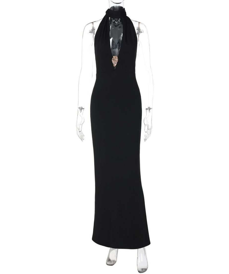 Elegant Black Halter Maxi Gown: Embellished V-Neck, Backless Design for Fall & Holiday Galas