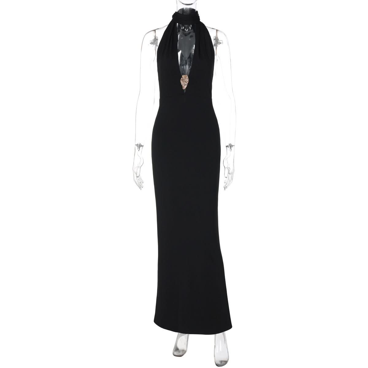 Elegant Black Halter Maxi Gown: Embellished V-Neck, Backless Design for Fall & Holiday Galas