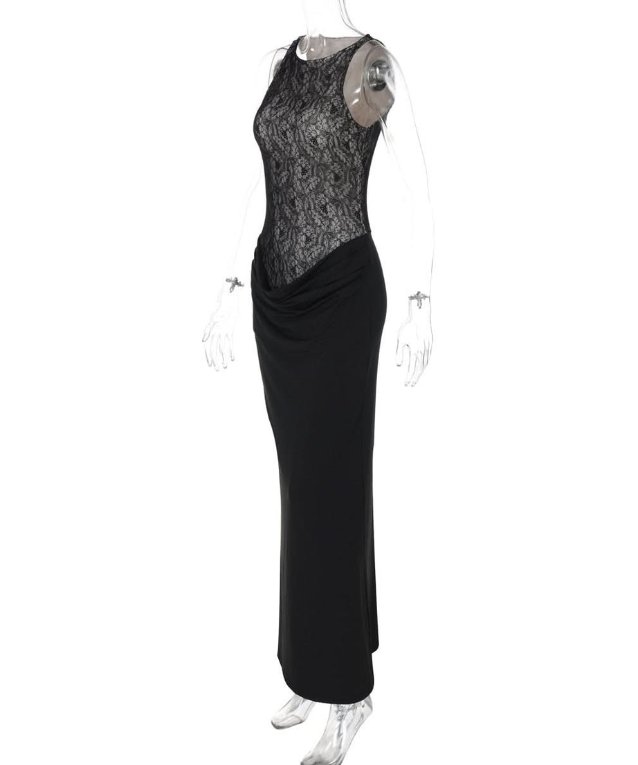 Sophisticated Black Lace Illusion Maxi Dress - Your Go-To for Fall & Holiday Galas