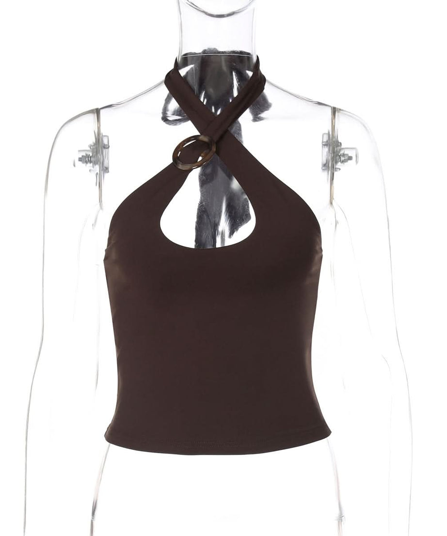 Chic Chocolate Halter Tie-Neck Top with Keyhole & Ring Detail – Fall Nights Out