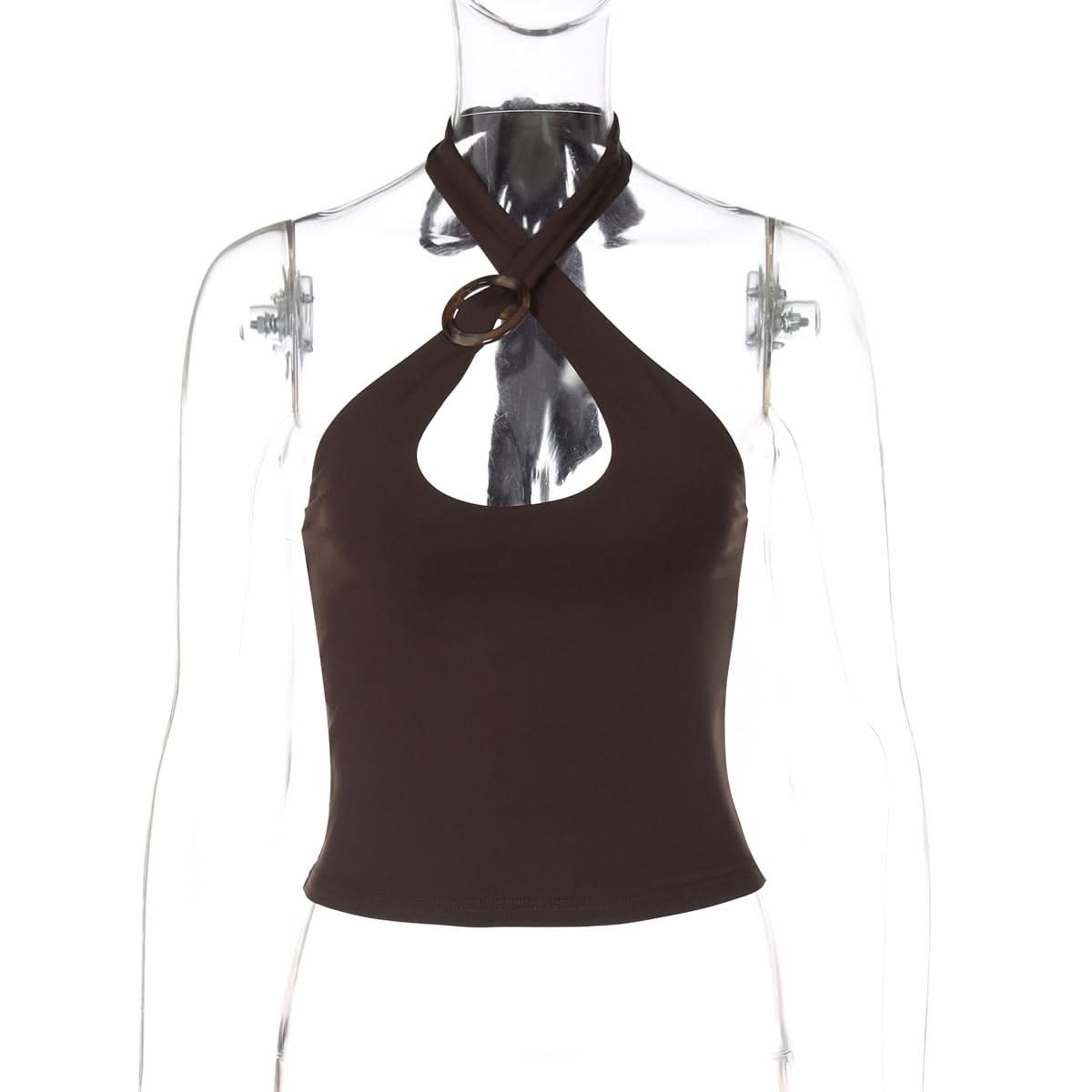 Chic Chocolate Halter Tie-Neck Top with Keyhole & Ring Detail – Fall Nights Out