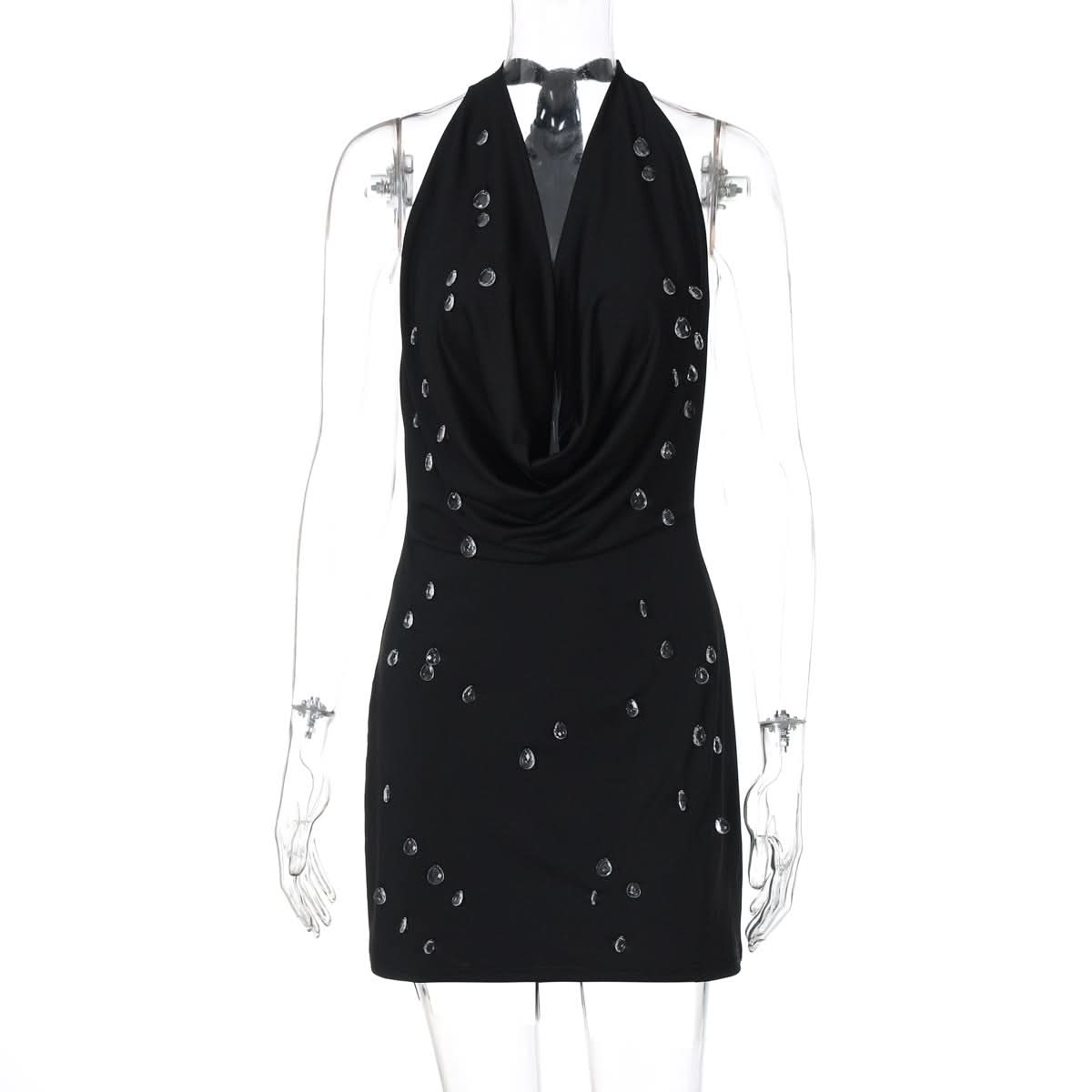 Dazzling Black Halter Cowl Neck Mini Dress | Rhinestone Sparkle for Holiday Parties & NYE