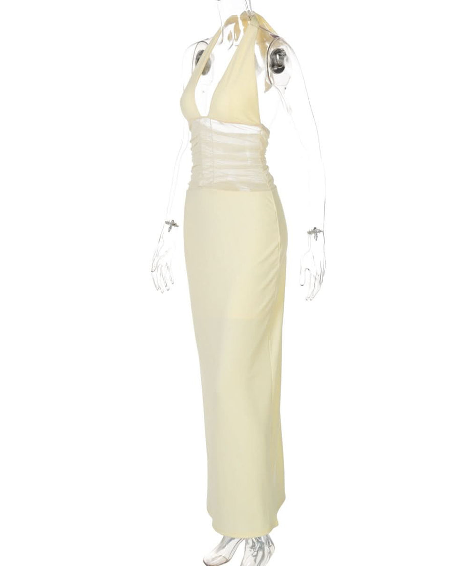 Effortless Elegance: Butter Yellow Halter Maxi Dress with Ruched Mesh - Perfect for Fall Events & Resort Getaways