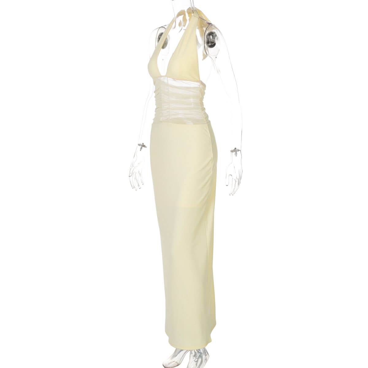 Effortless Elegance: Butter Yellow Halter Maxi Dress with Ruched Mesh - Perfect for Fall Events & Resort Getaways