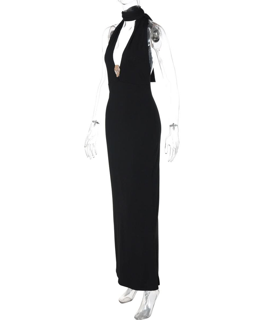 Elegant Black Halter Maxi Gown: Embellished V-Neck, Backless Design for Fall & Holiday Galas