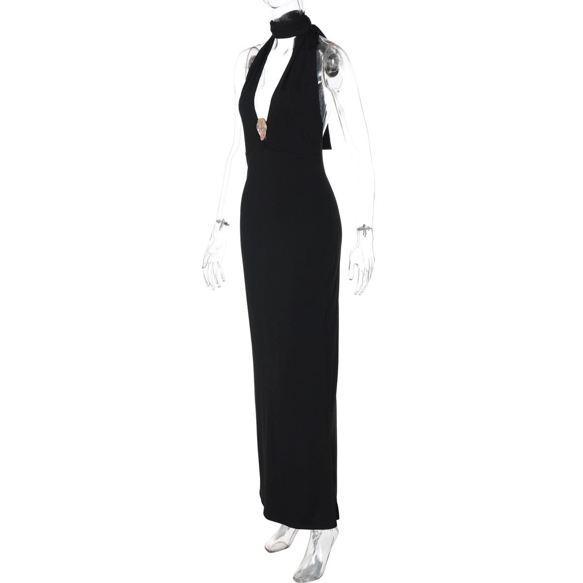 Elegant Black Halter Maxi Gown: Embellished V-Neck, Backless Design for Fall & Holiday Galas