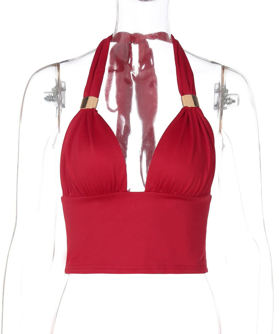 Chic Black Halter Crop Top | Ruched V-Neck with Gold Ring Detail for Fall Nights & Holiday Glam