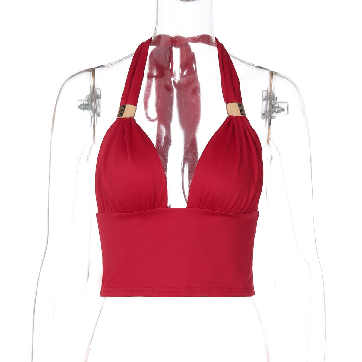 Chic Black Halter Crop Top | Ruched V-Neck with Gold Ring Detail for Fall Nights & Holiday Glam