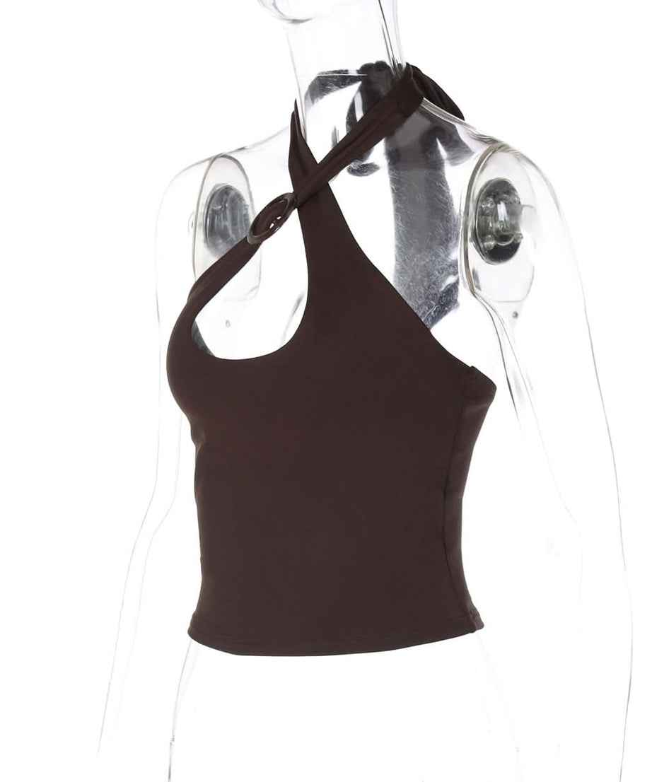 Chic Chocolate Halter Tie-Neck Top with Keyhole & Ring Detail – Fall Nights Out