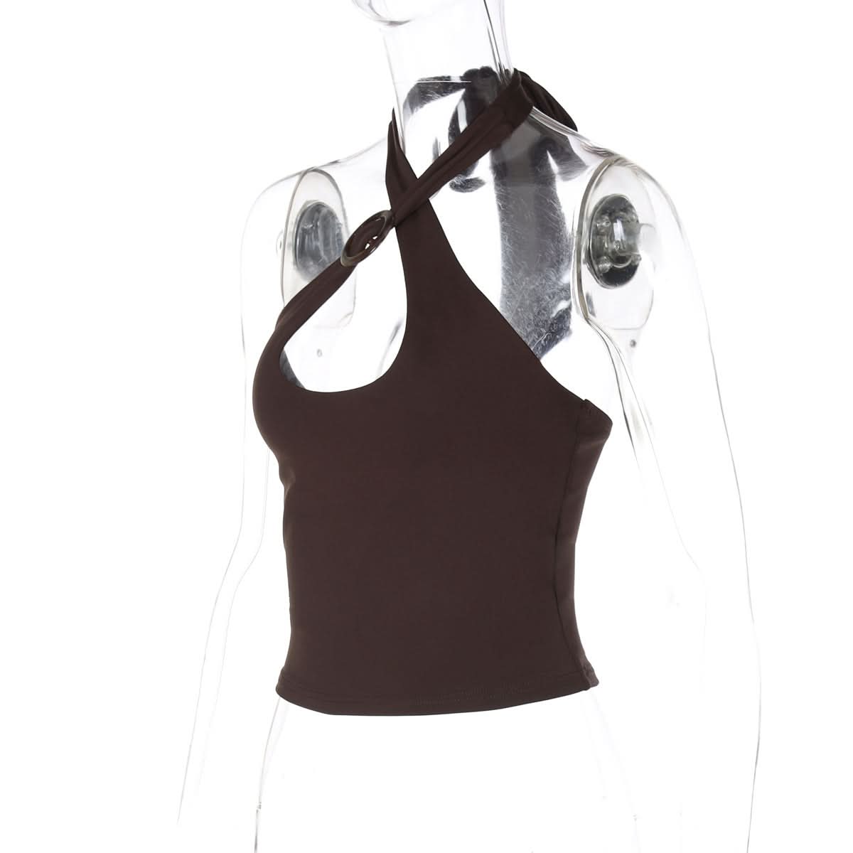 Chic Chocolate Halter Tie-Neck Top with Keyhole & Ring Detail – Fall Nights Out