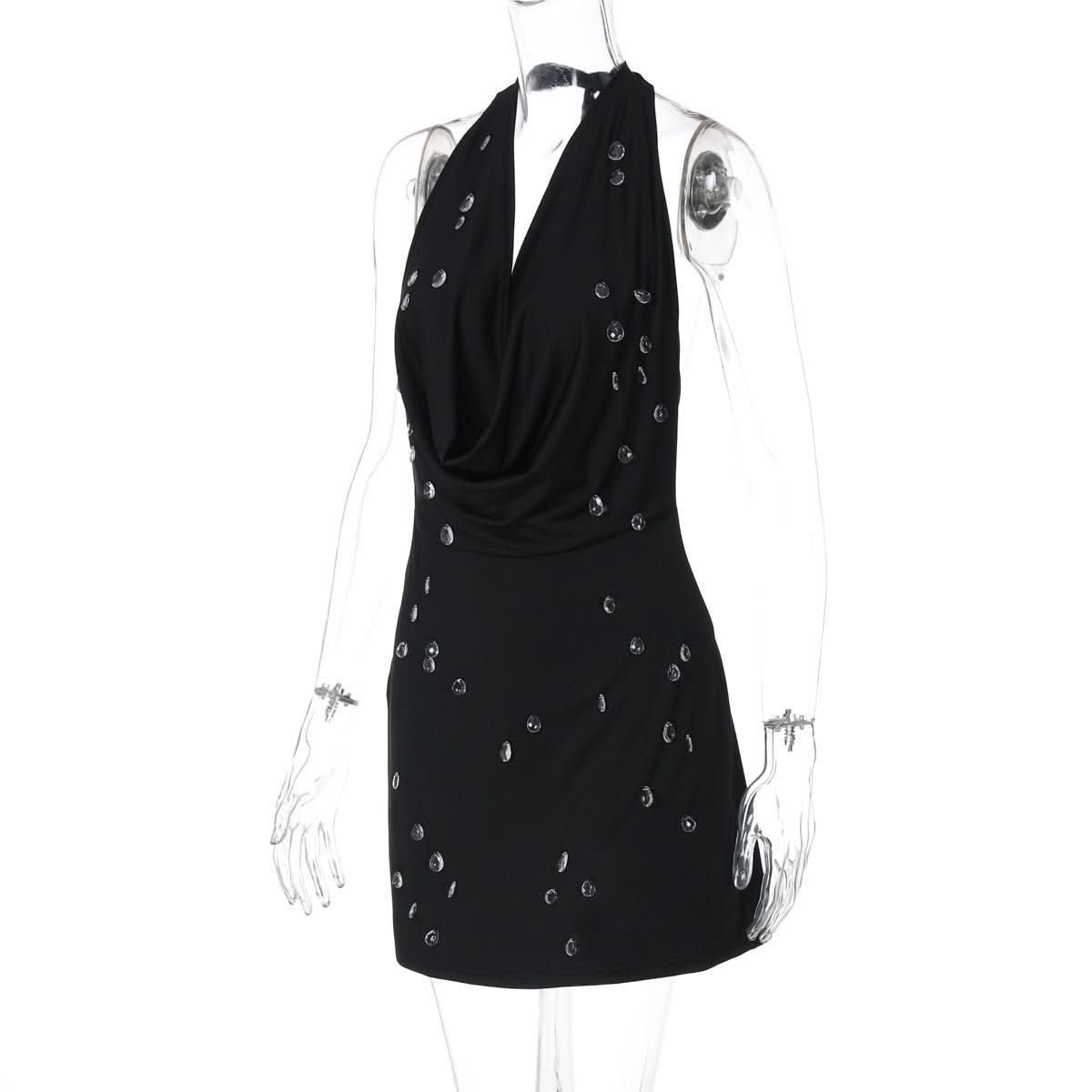 Dazzling Black Halter Cowl Neck Mini Dress | Rhinestone Sparkle for Holiday Parties & NYE