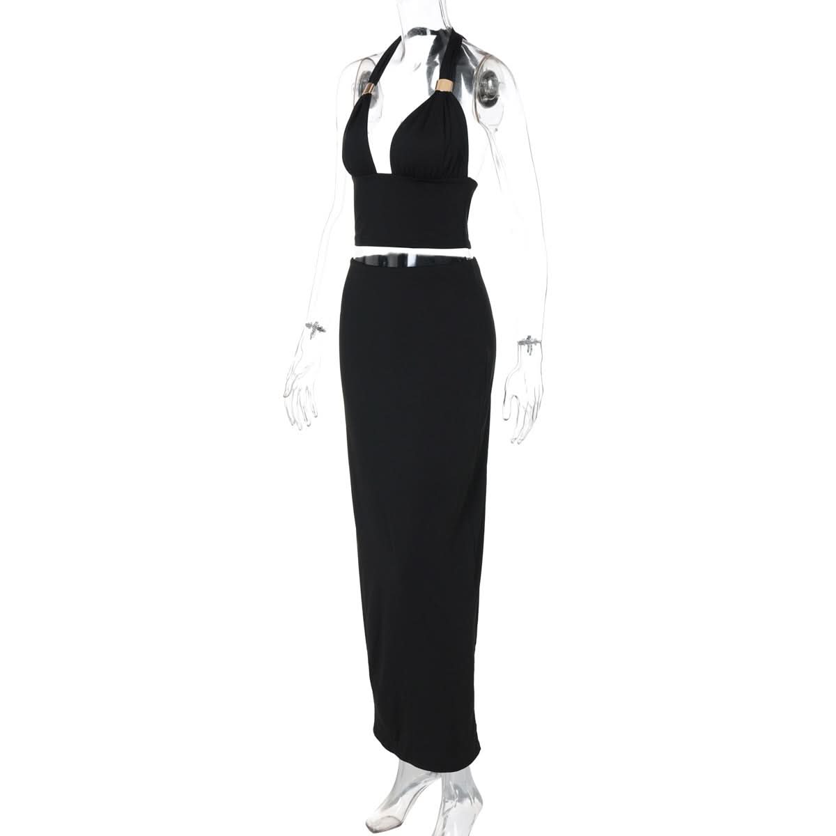 Slinky Black Halter Plunge Crop Top & Maxi Skirt Set - Fall & Holiday Ready