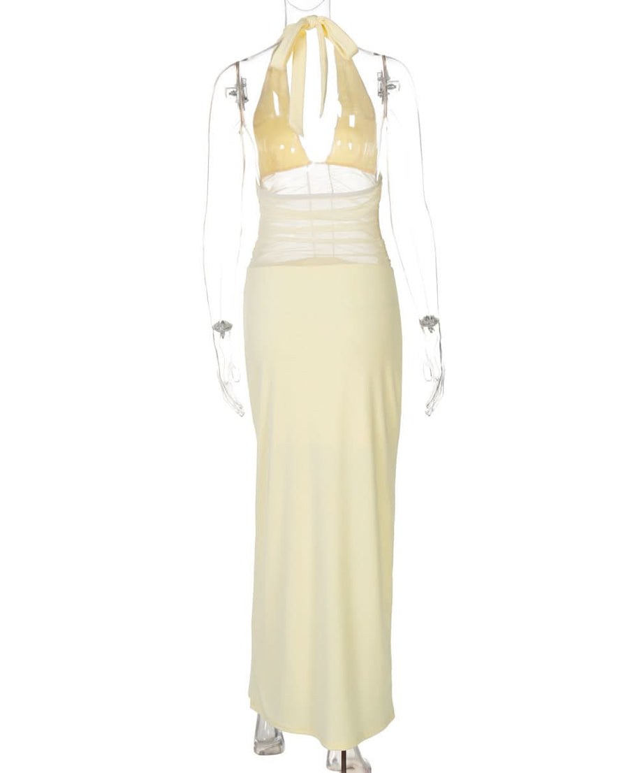 Effortless Elegance: Butter Yellow Halter Maxi Dress with Ruched Mesh - Perfect for Fall Events & Resort Getaways