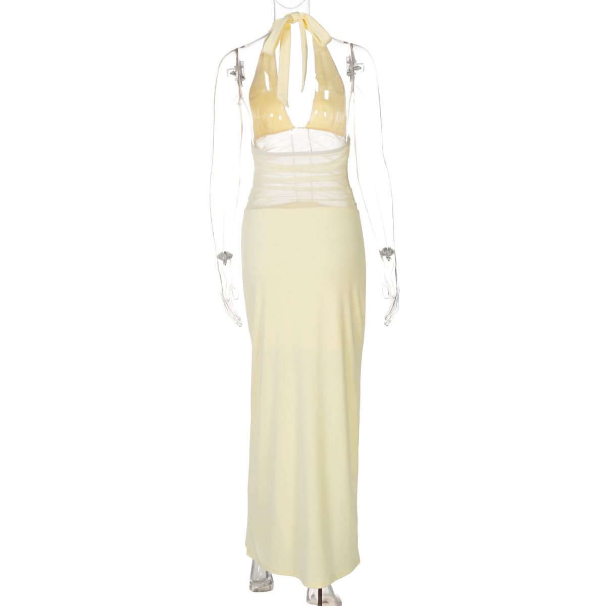 Effortless Elegance: Butter Yellow Halter Maxi Dress with Ruched Mesh - Perfect for Fall Events & Resort Getaways