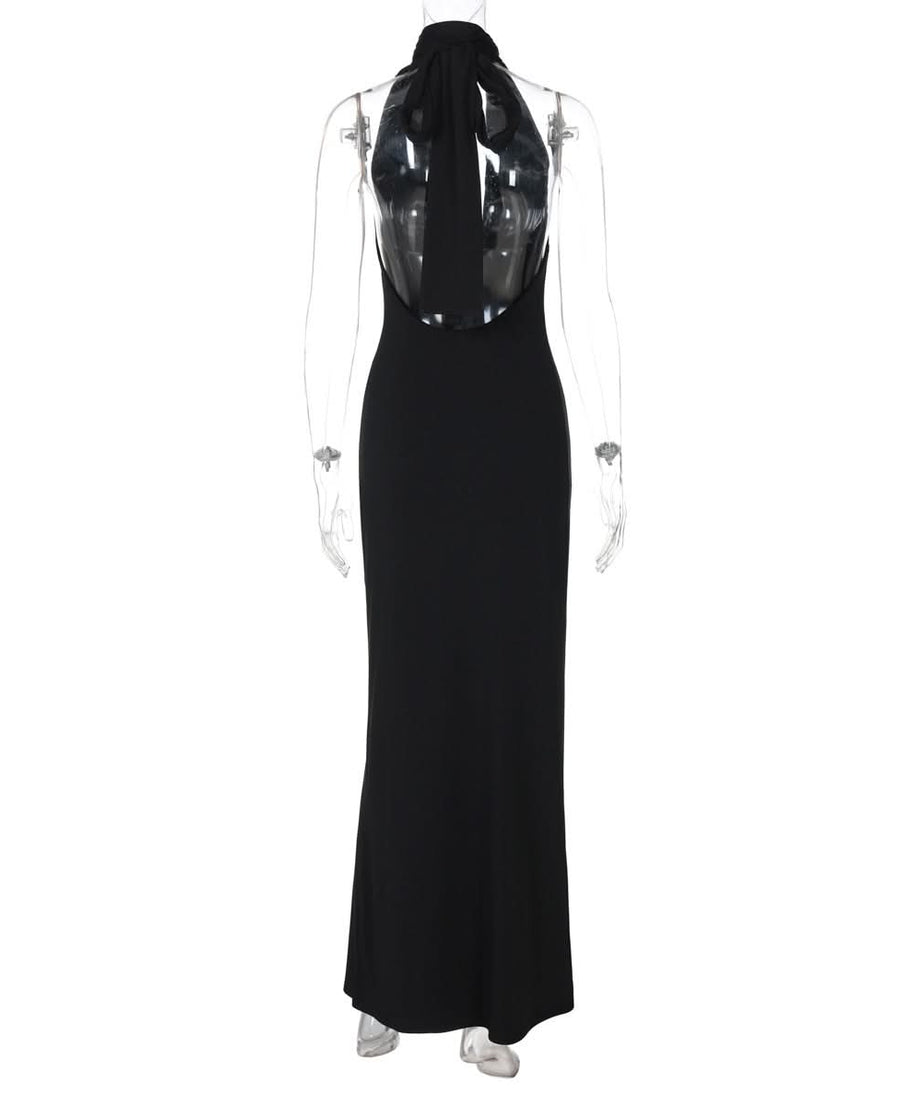 Elegant Black Halter Maxi Gown: Embellished V-Neck, Backless Design for Fall & Holiday Galas