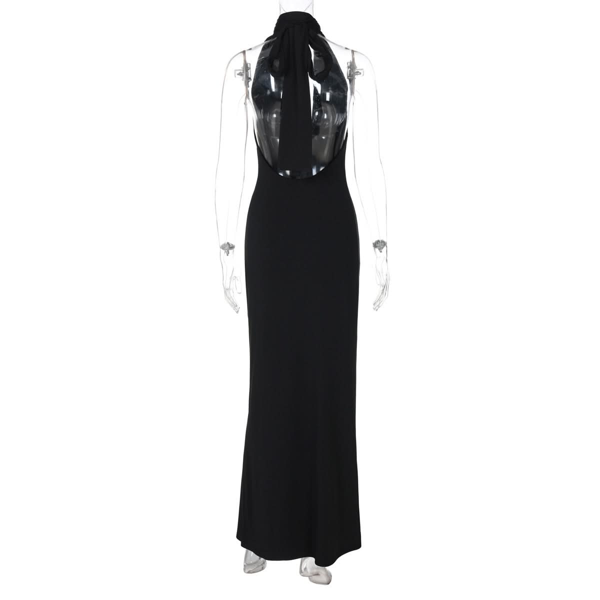 Elegant Black Halter Maxi Gown: Embellished V-Neck, Backless Design for Fall & Holiday Galas