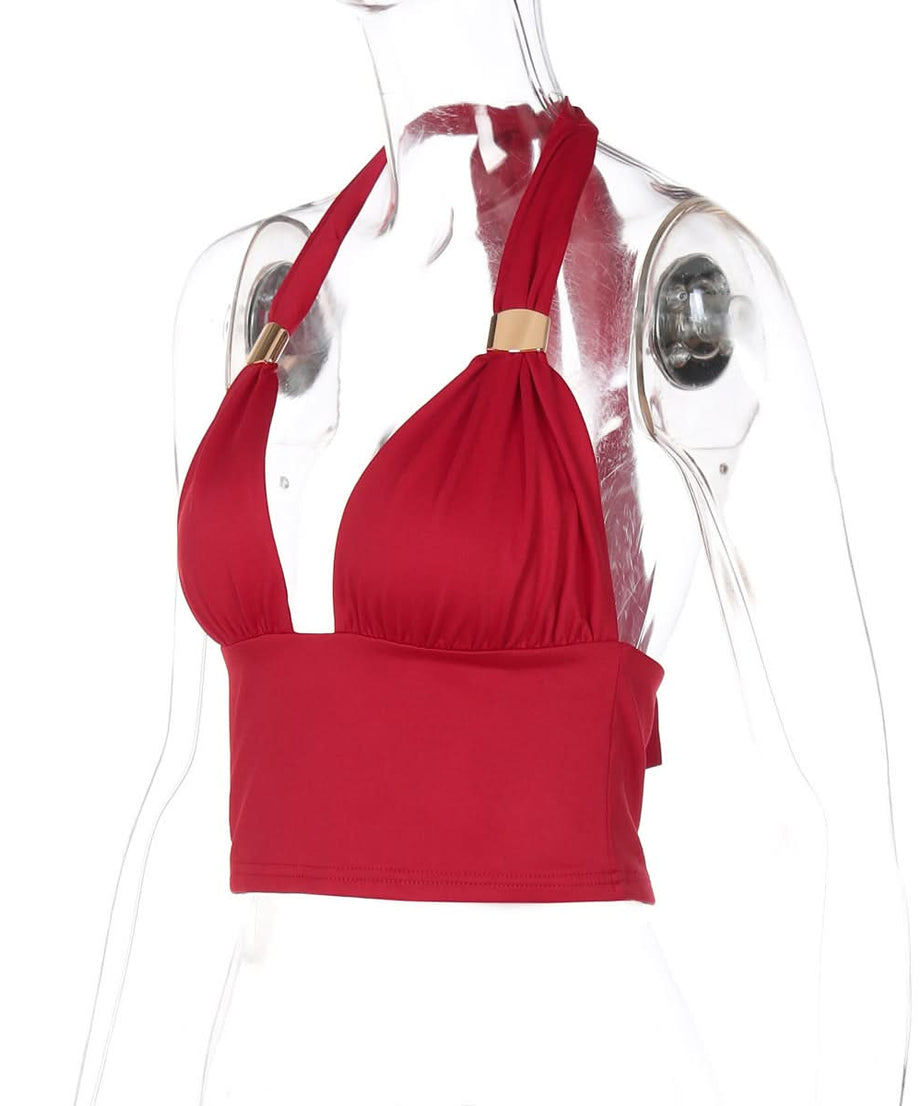 Chic Black Halter Crop Top | Ruched V-Neck with Gold Ring Detail for Fall Nights & Holiday Glam