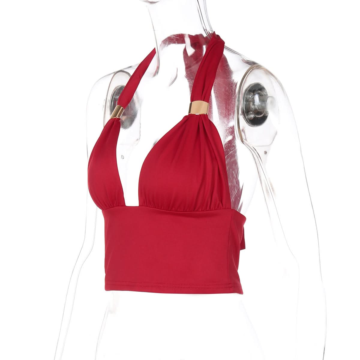 Chic Black Halter Crop Top | Ruched V-Neck with Gold Ring Detail for Fall Nights & Holiday Glam