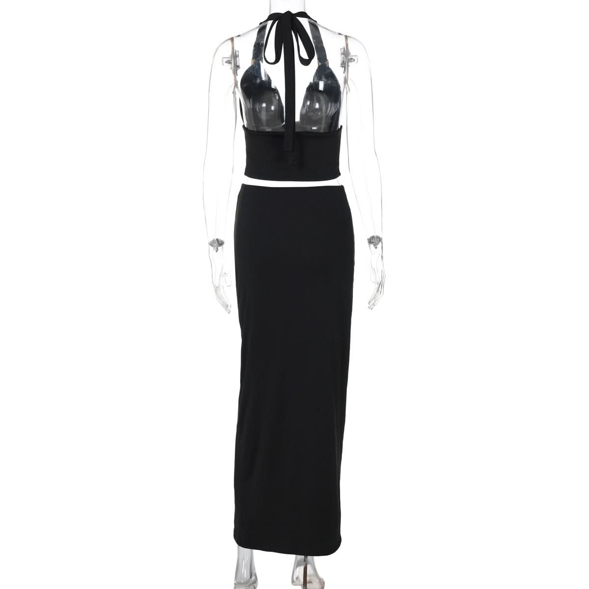 Slinky Black Halter Plunge Crop Top & Maxi Skirt Set - Fall & Holiday Ready