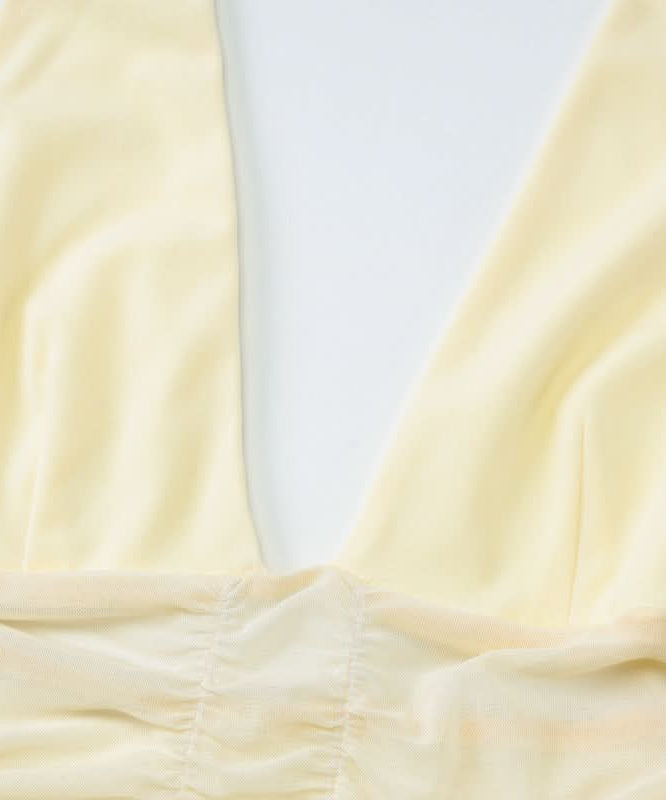 Effortless Elegance: Butter Yellow Halter Maxi Dress with Ruched Mesh - Perfect for Fall Events & Resort Getaways