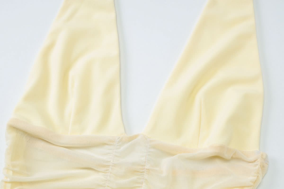 Effortless Elegance: Butter Yellow Halter Maxi Dress with Ruched Mesh - Perfect for Fall Events & Resort Getaways