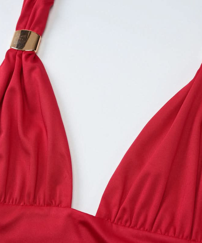 Chic Black Halter Crop Top | Ruched V-Neck with Gold Ring Detail for Fall Nights & Holiday Glam